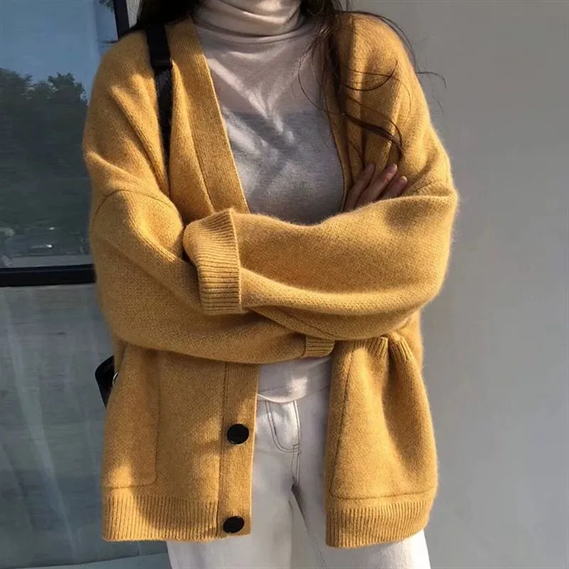 Women V-Neck Pockets Knitted Sweater