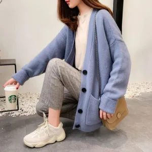 Women V-Neck Pockets Knitted Sweater