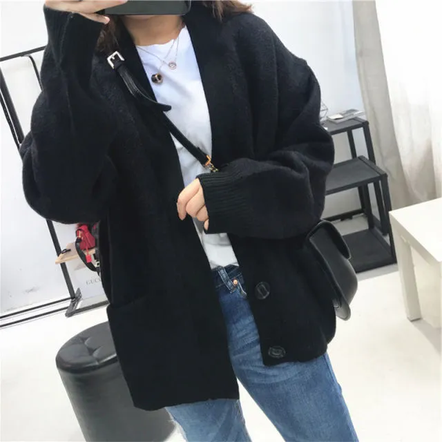 Women V-Neck Pockets Knitted Sweater