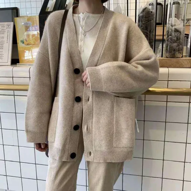 Women V-Neck Pockets Knitted Sweater
