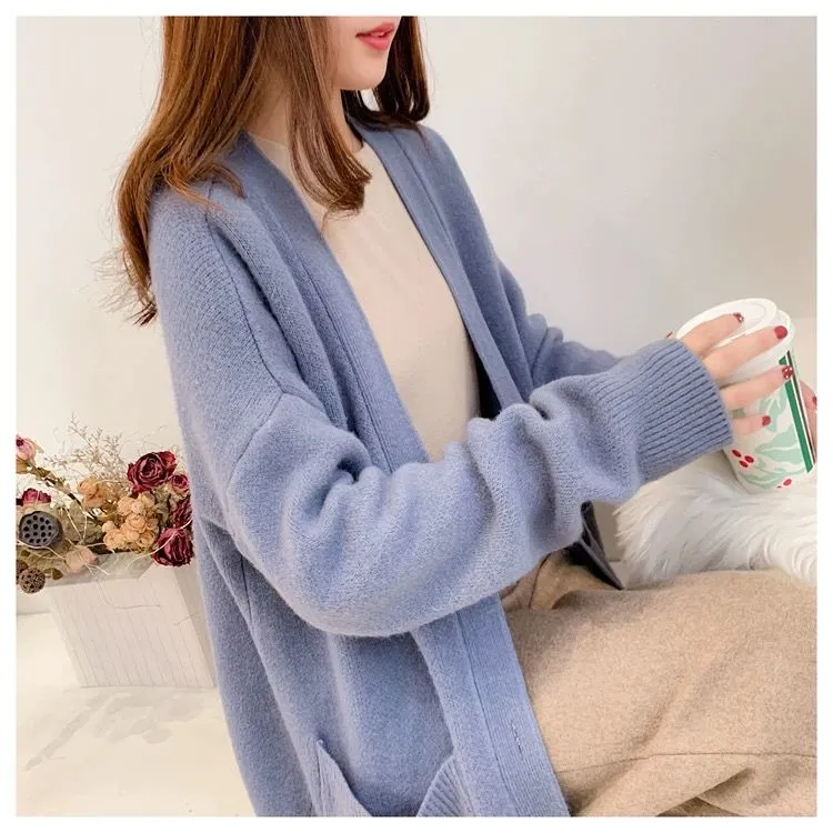Women V-Neck Pockets Knitted Sweater
