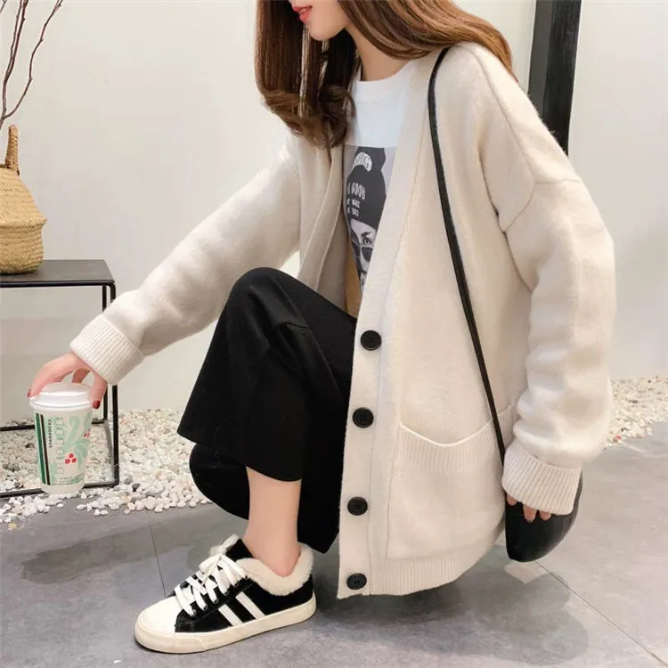Women V-Neck Pockets Knitted Sweater