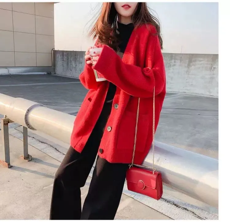 Women V-Neck Pockets Knitted Sweater
