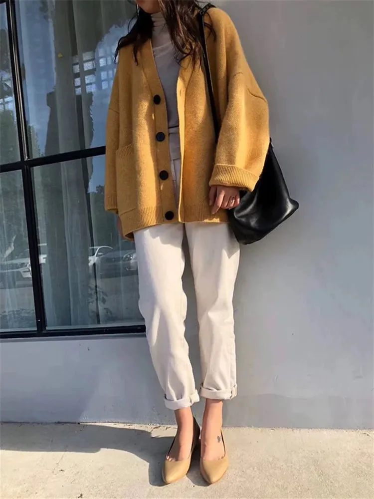 Women V-Neck Pockets Knitted Sweater