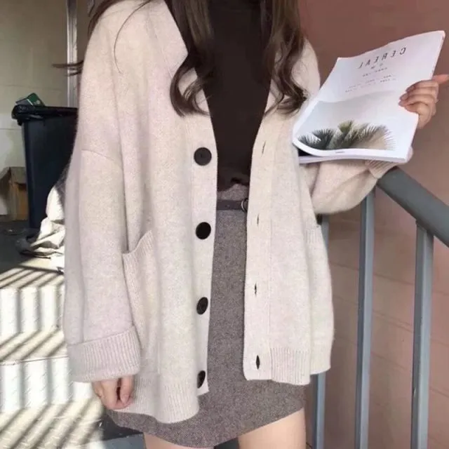 Women V-Neck Pockets Knitted Sweater