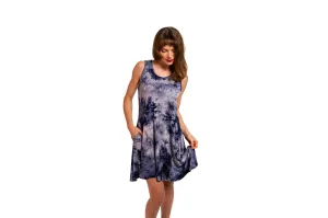 Women's A-line dress 2" above the knee sleeveless and side pockets.
