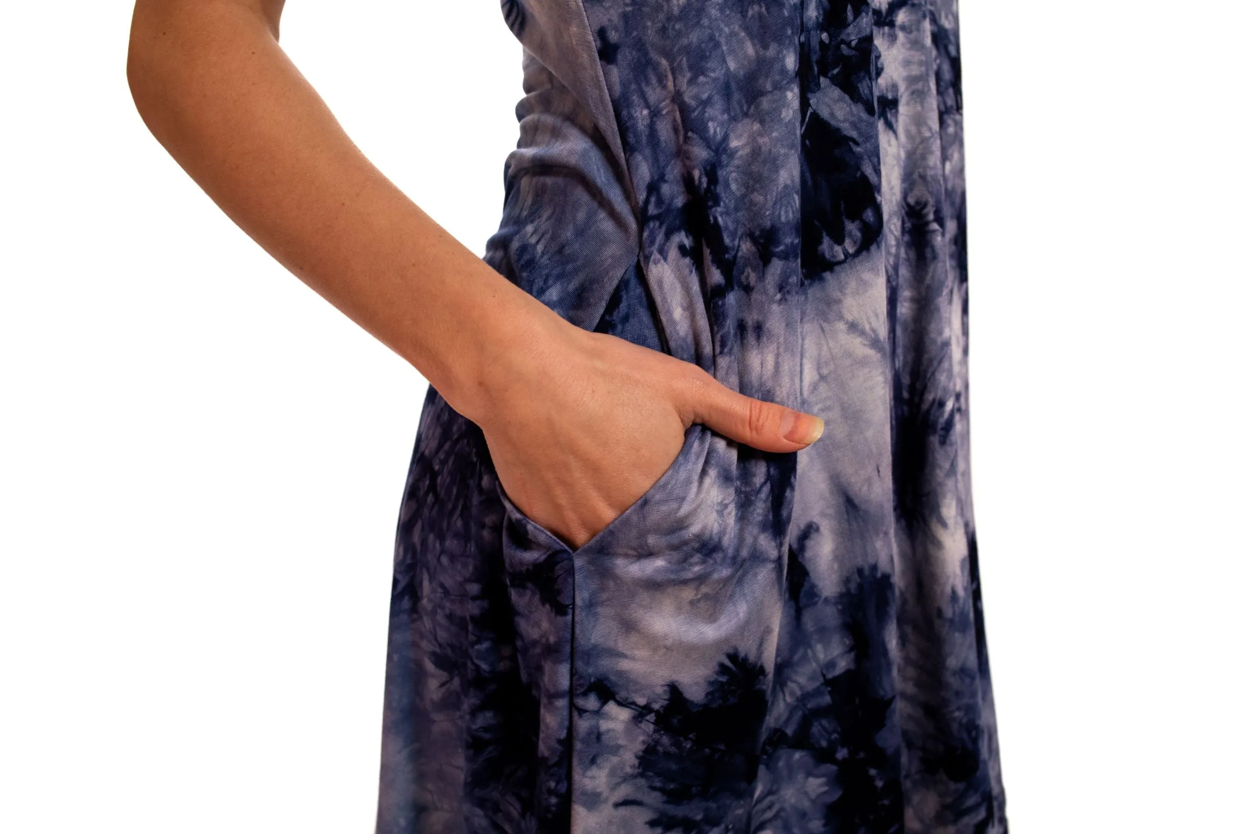 Women's A-line dress 2" above the knee sleeveless and side pockets.