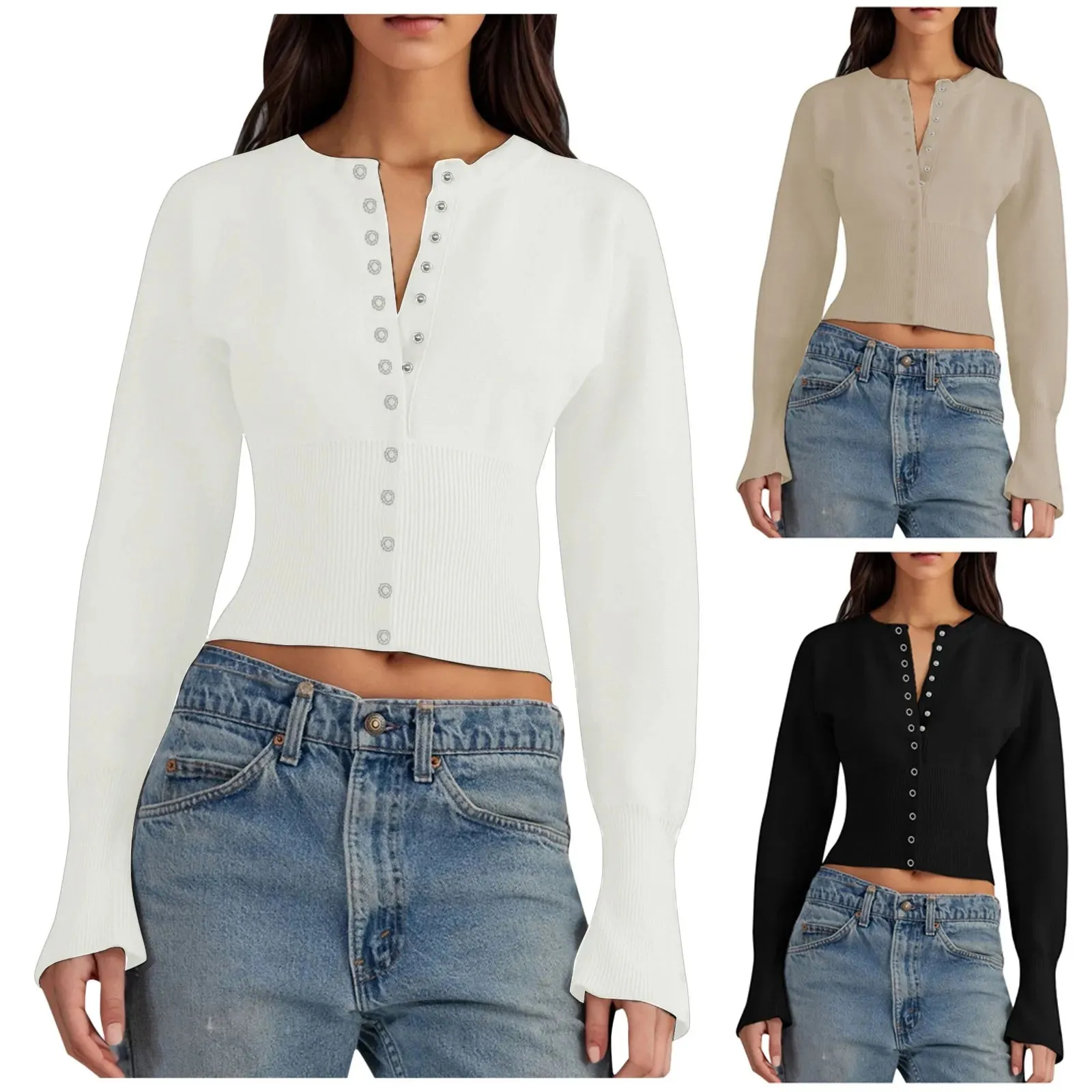 Womens Cardigan Chunky Hot Girl Design Concealed Button Round Neck Knitted Cardigan Temperament Sweaters for Women 4x