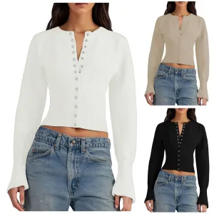 Womens Cardigan Chunky Hot Girl Design Concealed Button Round Neck Knitted Cardigan Temperament Sweaters for Women 4x
