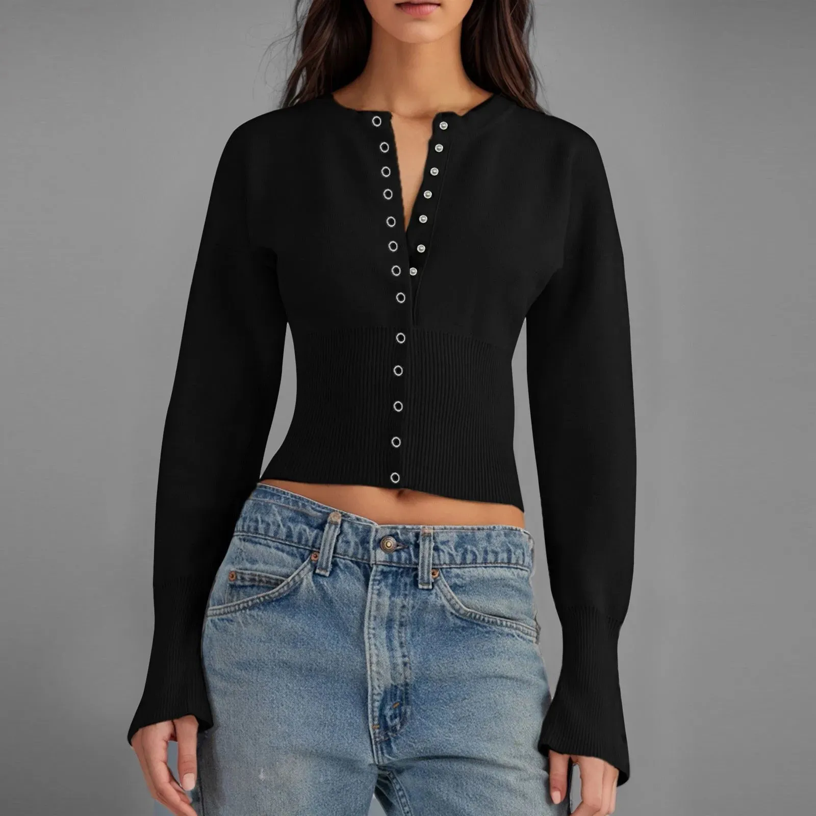 Womens Cardigan Chunky Hot Girl Design Concealed Button Round Neck Knitted Cardigan Temperament Sweaters for Women 4x