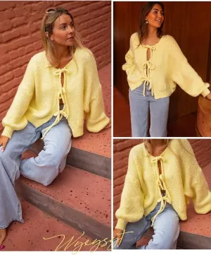 Wyeysyt Womens Tie Front Bow Cardigan Sweaters Oversized Chunky Knit Cardigan Long Sleeve Open Front Loose Knitwears Bow Top Yellow Sz M