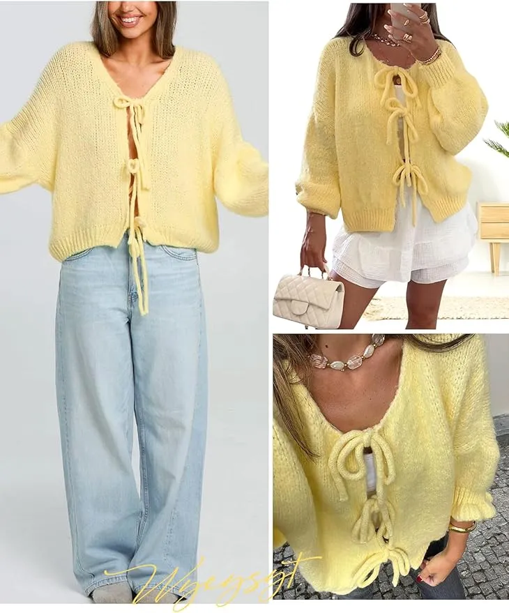 Wyeysyt Womens Tie Front Bow Cardigan Sweaters Oversized Chunky Knit Cardigan Long Sleeve Open Front Loose Knitwears Bow Top Yellow Sz M