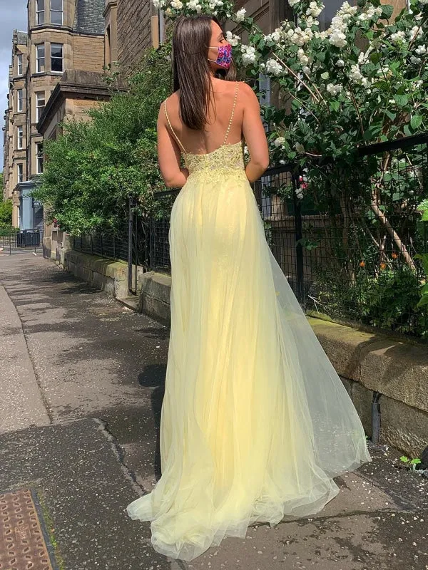 Yellow A Line V Neck Backless Lace Prom with Slit, Yellow Lace Formal, Yellow Evening