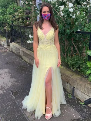 Yellow A Line V Neck Backless Lace Prom with Slit, Yellow Lace Formal, Yellow Evening