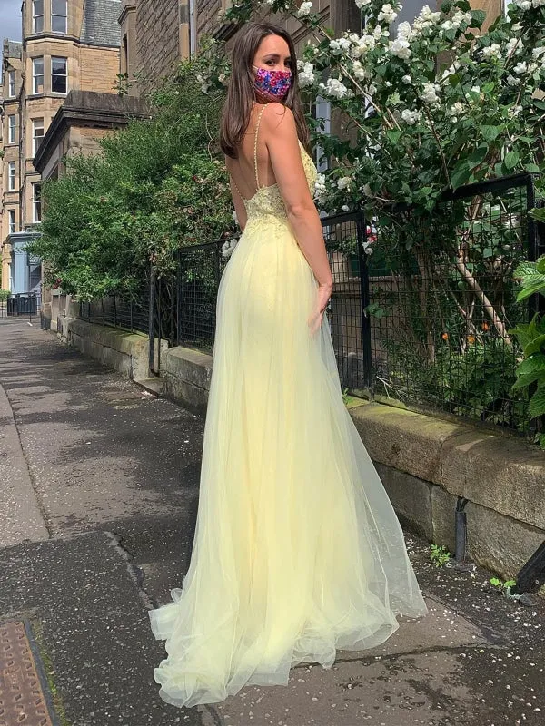 Yellow A Line V Neck Backless Lace Prom with Slit, Yellow Lace Formal, Yellow Evening