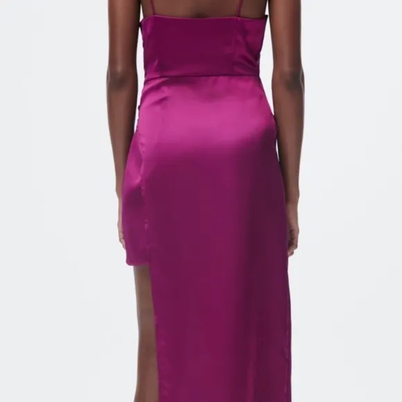 Zara Magenta Satin Asymmetrical Draped Silk Slip Mini/Maxi Dress