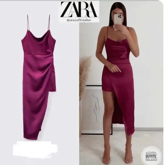 Zara Magenta Satin Asymmetrical Draped Silk Slip Mini/Maxi Dress