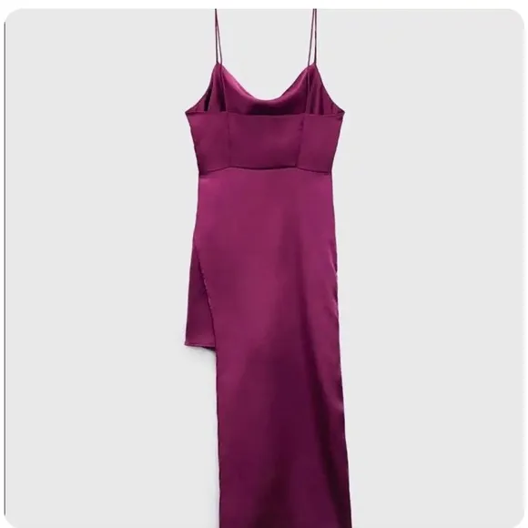 Zara Magenta Satin Asymmetrical Draped Silk Slip Mini/Maxi Dress