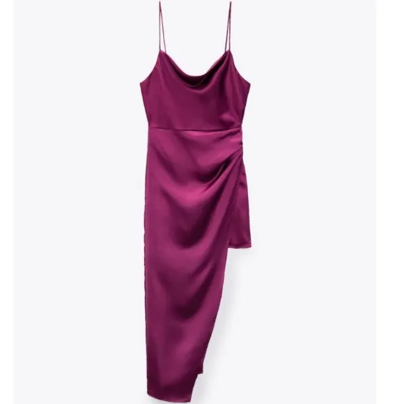 Zara Magenta Satin Asymmetrical Draped Silk Slip Mini/Maxi Dress