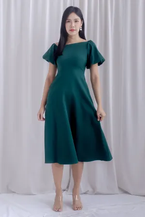 Zendaya Asymm Neckline Puffy Sleeve Dress In Forest Green